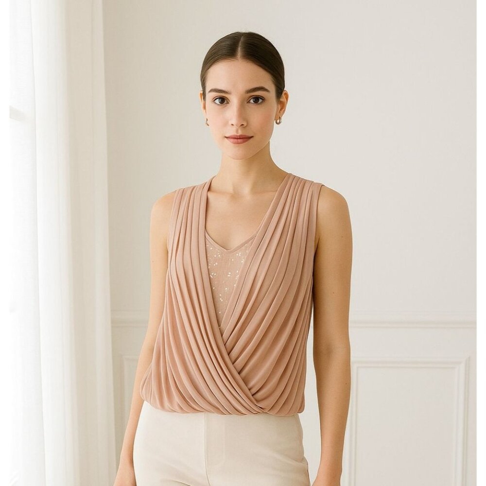 New Robbi & Nikki M Shirt Sequin Pleated Top Sleeveless Drape Blouse Sleeveless